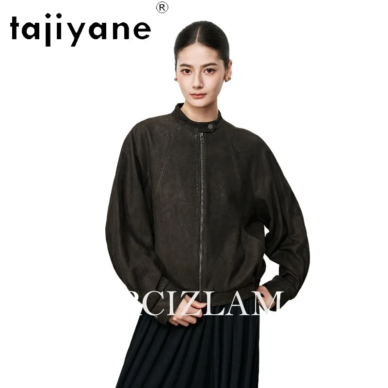 TAJIYANE High Quality Goatskin Suede Green Leather Jacket Woman Genuine Leather Coat Stand Collar Jackets for Woman Vintage 자켓