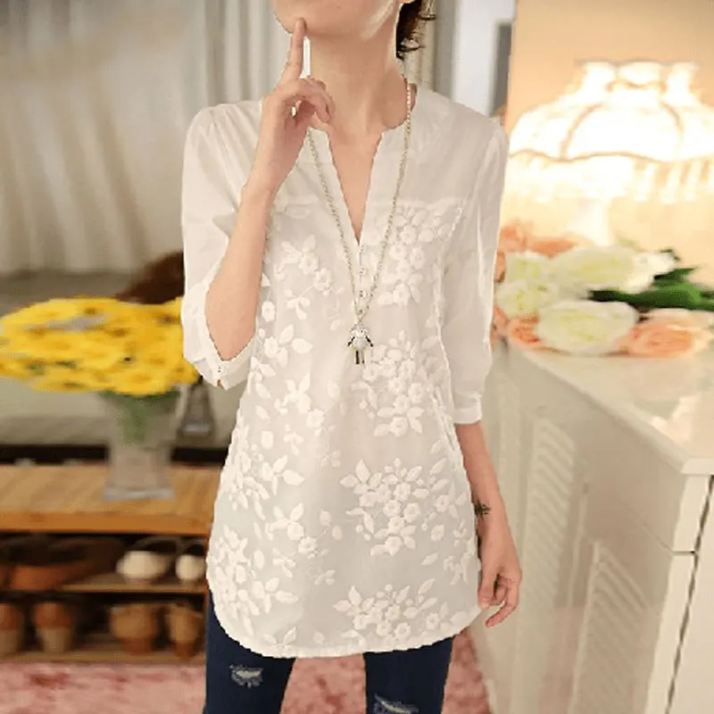 Casual Stylish Floral Embroidery Midi Blouse Summer Loose Half Sleeve All-match Female Hollow Out Elegant V-Neck Button Shirt