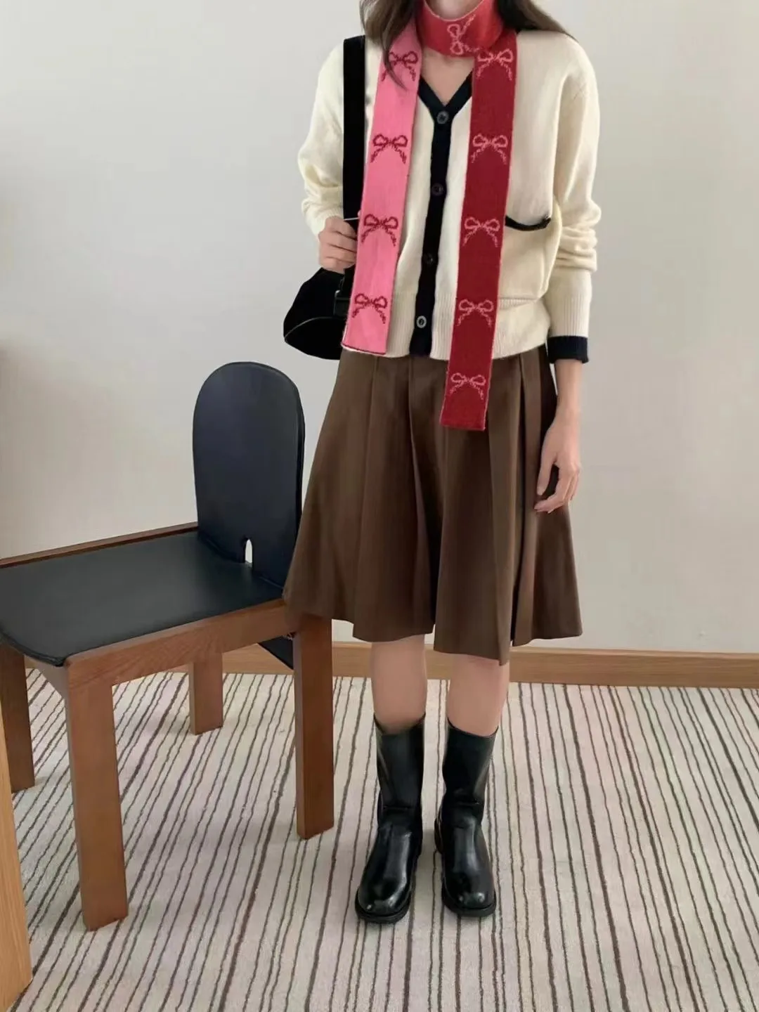 Korean Ins Double-sided Bow-tied Thin Scarf Winter New Warm Versatile Decorative Narrow Version Red Knitted Scarf