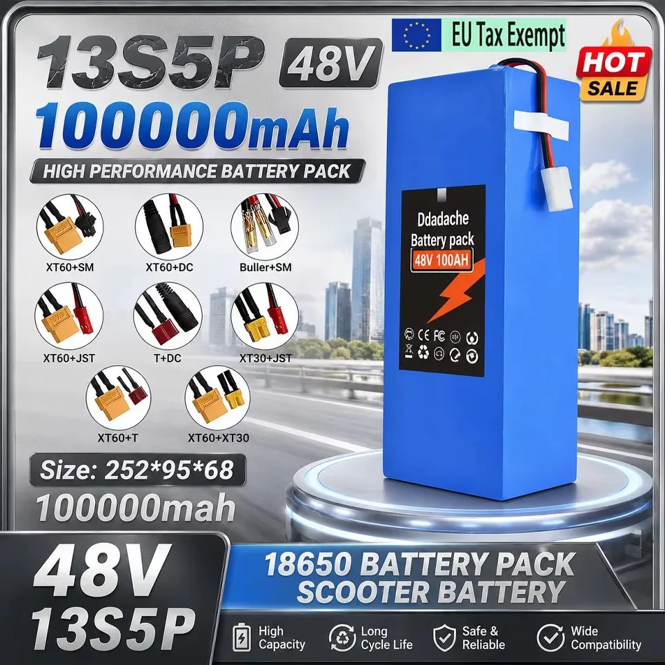 Image of 48V 13S5P 18650 100000mAh Lithium-Akku, geeignet für Elektroroller, Mountainbikes, 250W-1000W Hochleistungsmotor, integriertes intelligentes BMS+Ladegerät