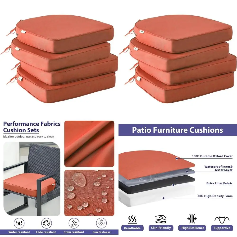 

Set of 4 Waterproof Patio Seat Cushions with Ties, 19 Round Outdoor Chair Pads, 3 Thick, Spice