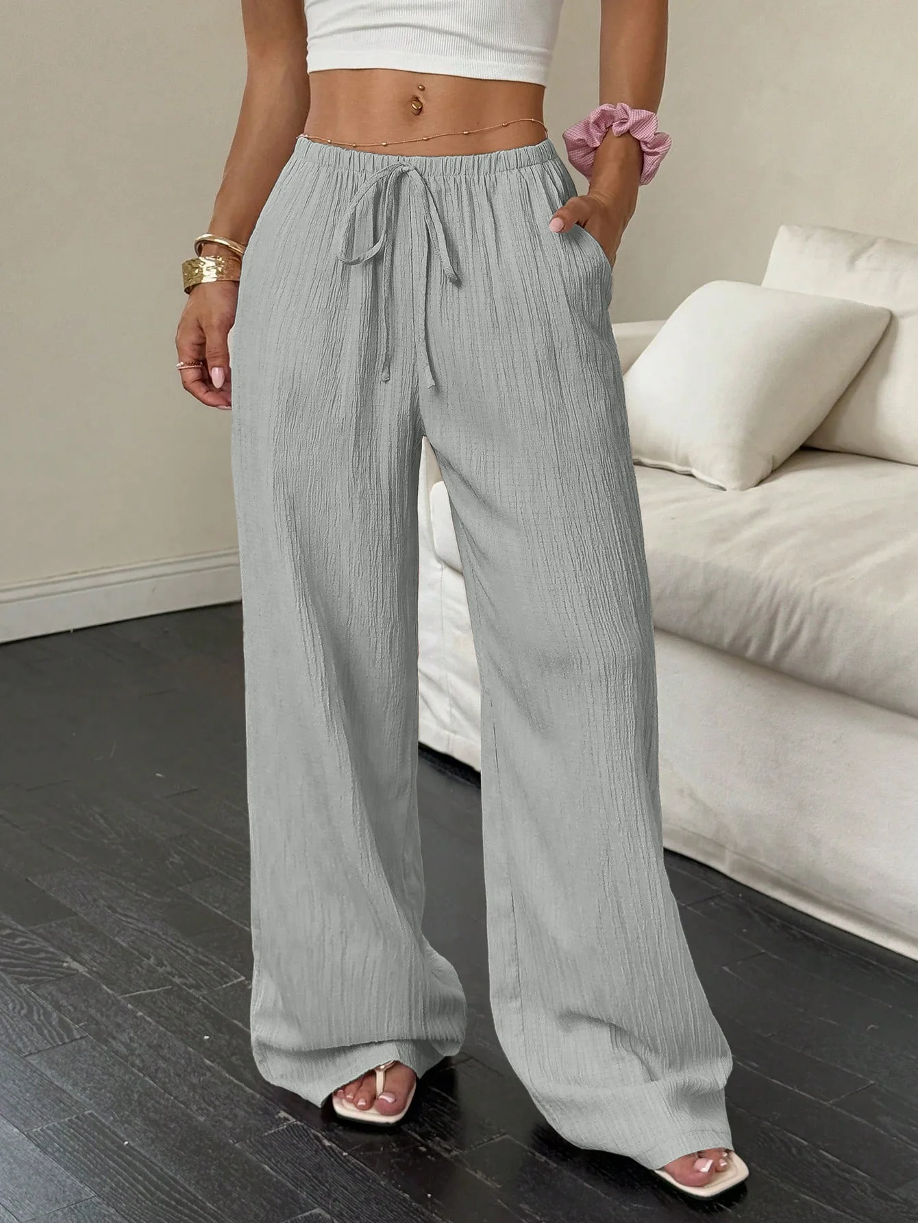 Women's Solid Color Textured Wide Leg Pants High Waist Drawstring Loose Casual Trousers Comfortable Pants For Daily Wear