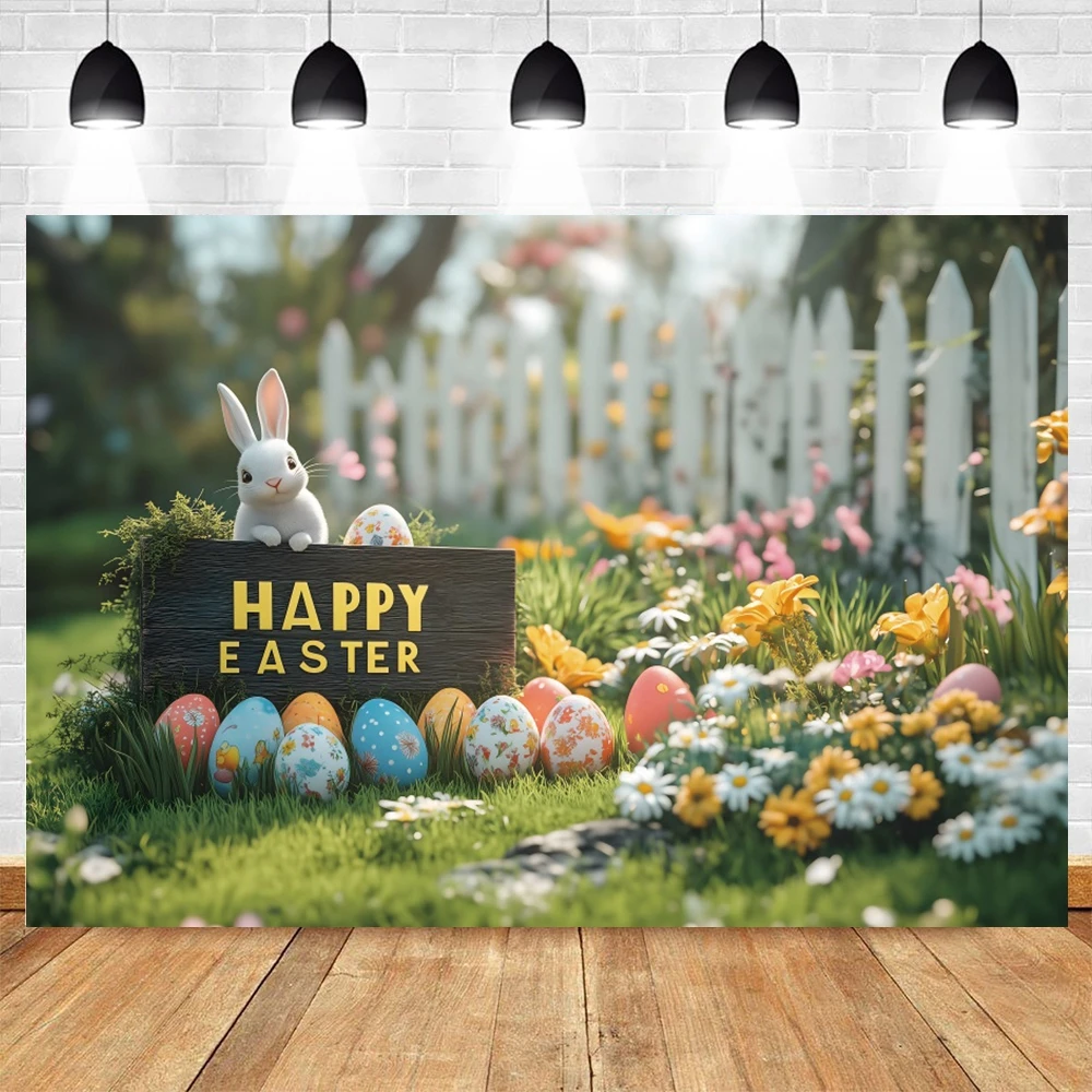 خلفية ديكور عيد الفصح السعيد للتصوير الفوتوغرافي لحديقة الربيع والأرانب والبيض والزهور والعشب للأطفال وصورة خلفية للصور