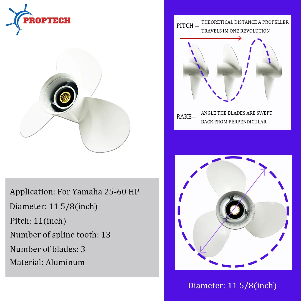 Außenbordpropeller für Yamaha 25 PS 30 PS 40 PS 48 PS 50 PS 60 PS 11 5/8 x 11 Aluminiumlegierung Schraubenmotor Motor 3 Blatt 13 Spline Zahn