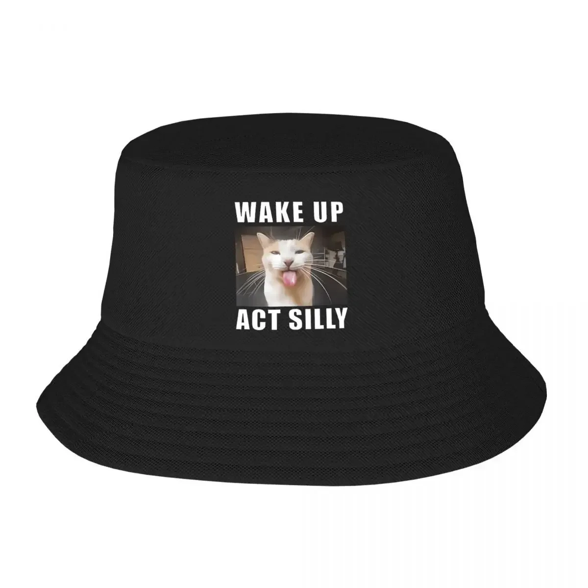 New Custom Funny Cat Meme Wake Up Act Silly Bucket Hat Men Women Outdoor Sun Summer Camping Fishing Cap