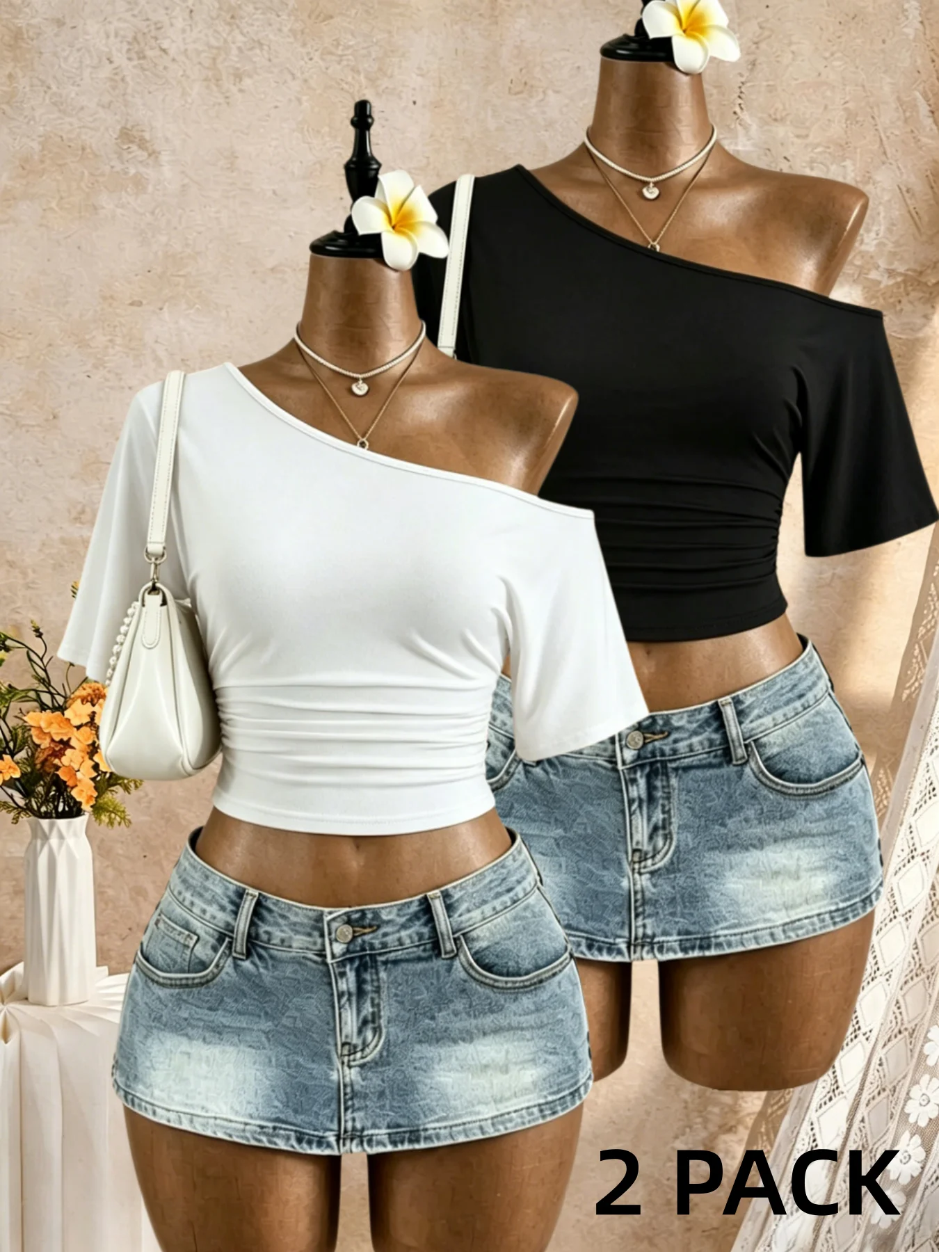 2 Pack Multi-color Women Diagonal Off Shoulder Short Sleeve Side Ruched Slim Fit Cropped T Shirt 2026 Summer Y2K Solid Casual St
