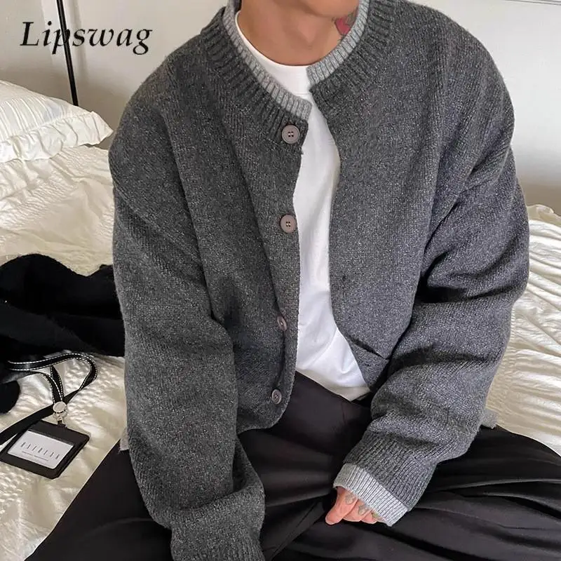 

Autumn Winter Fashionable Mens Sweater Jacket Stylish Contrast Color Collar Buttoned Cardigans For Men Daily Leisure Sweatercoat