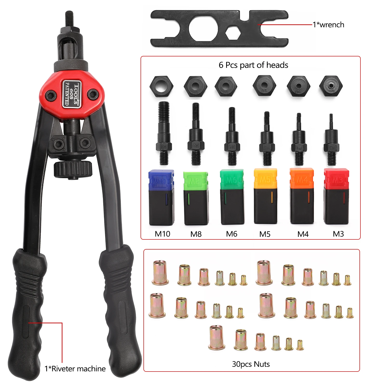 Mão roscada Rivet Nuts Guns Riveter de Sleeve Nuts Rivnut Tool BT-605 Manual Rivet Machine Rebitando Ferramentas com Nut Dies M3-M10