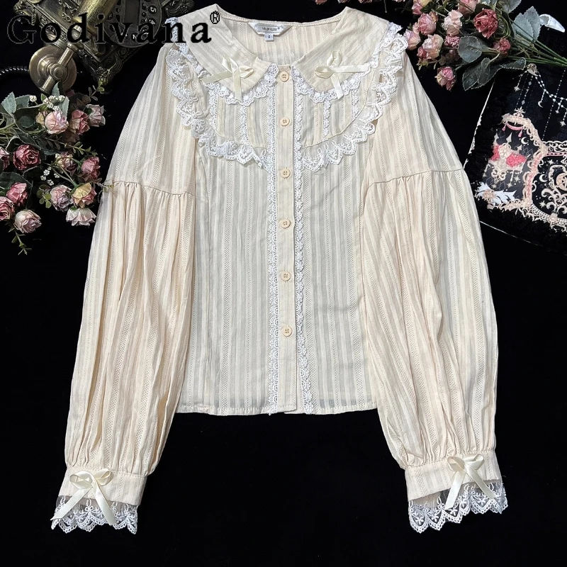 

2025 New Spring Autumn Lolita Cute Bottoming Shirt Sweet Beautiful Woman Long Sleeve Peter Pan Collar Cute Bow Versatile Shirts