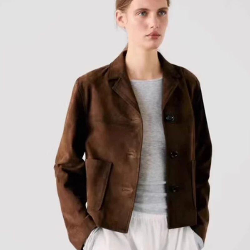 Faionable Brown Velvet Leather Jaet ort Outerwear for Women Autumn 2024 Polyester Fiber 00% Traditional Wealth Sle
