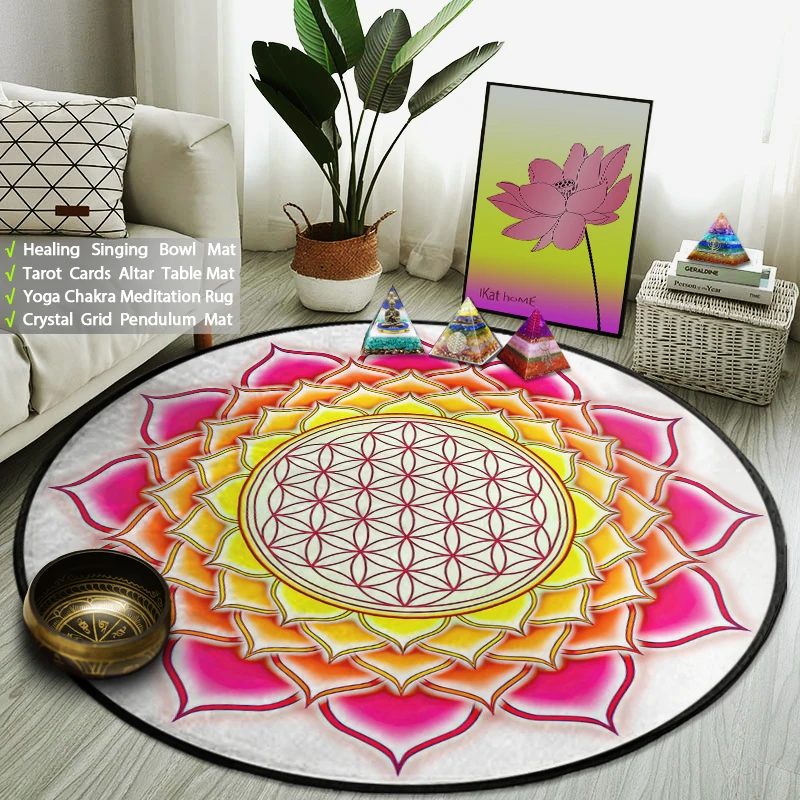 

Tai Chi Lotus Mandala Round Rug Flower of Life Carpet Reiki Yoga Meditation Mat Living Room Bedroom Bathroom Kitchen Doormat New