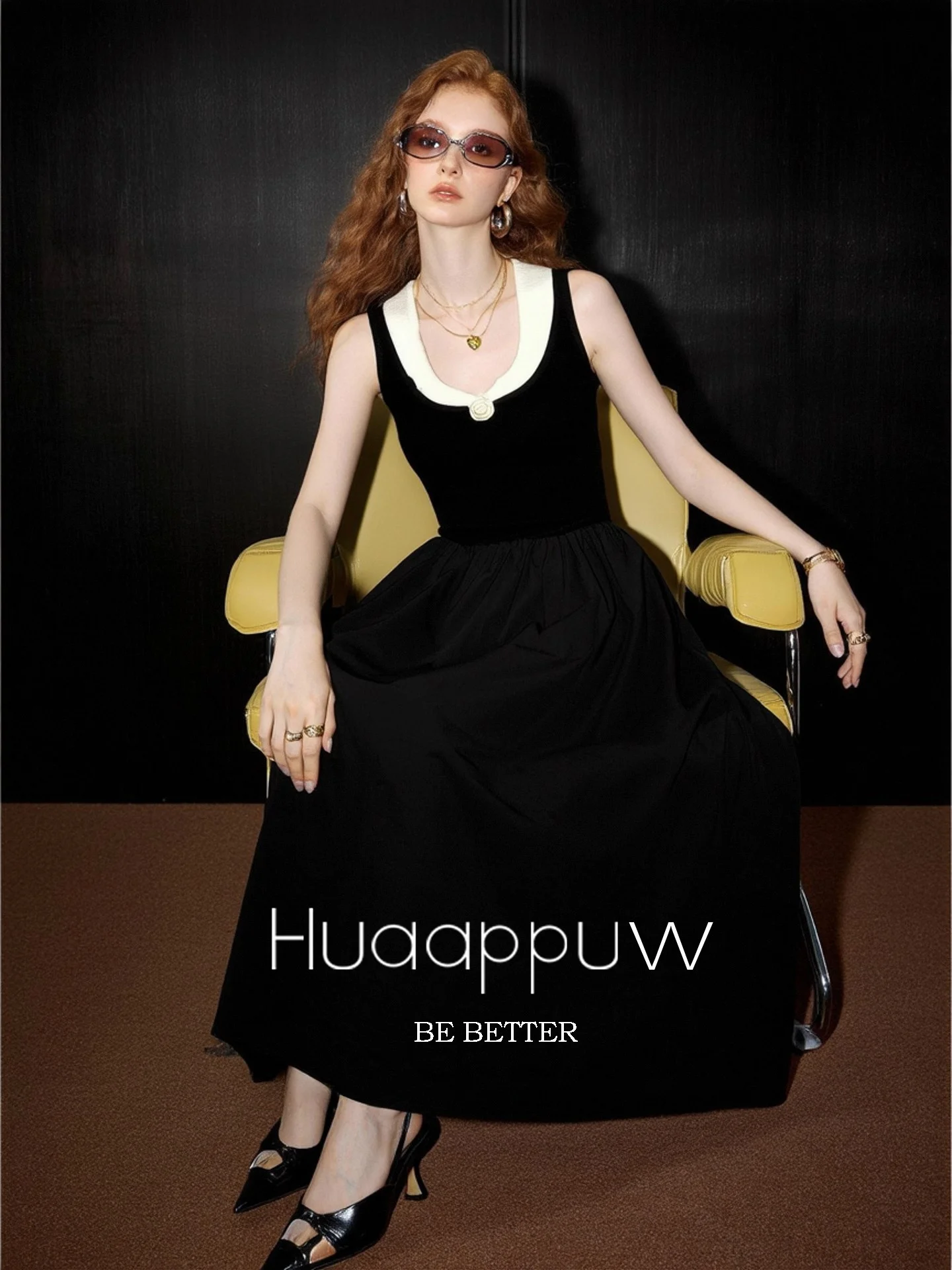 

Huaappuw Hepburn Style Sleeveless Long Dress Women's Summer New Color Block Turn-down Collar Classy A-line Skirt Dress
