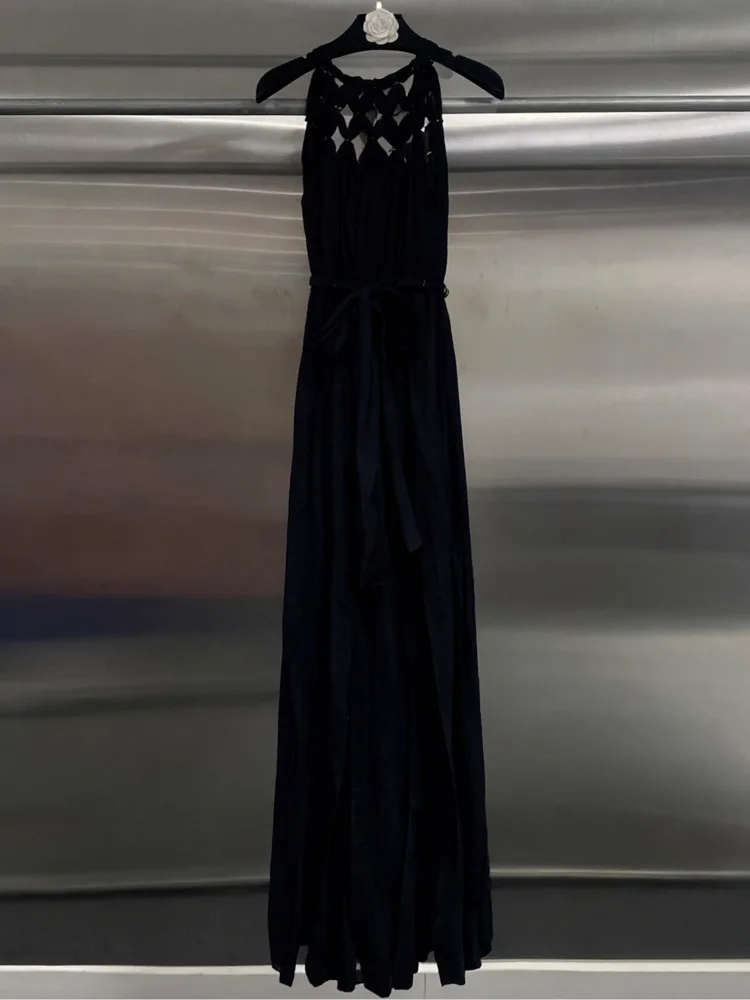 DFDG lente zomer 2025, dames bohemien sexy halter uitgesneden maxi-jurk onregelmatig lint ontwerper strandfeest lange jurk