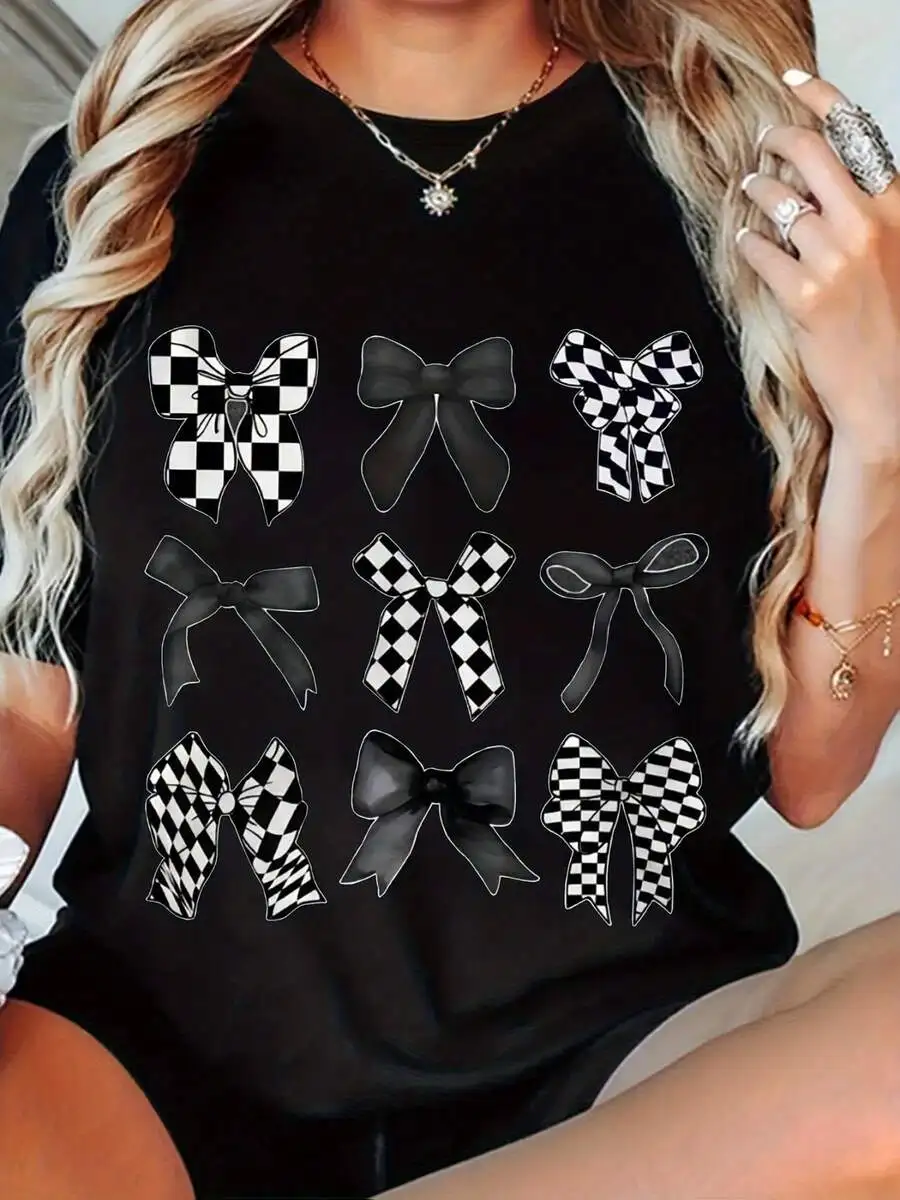 Women Graphic T‑Shirt Black & White Checkered Bow Print Crew Neck Short Sleeve Stretch A‑Line Silhouette Casual Everyday Outfit Tee 1pc
