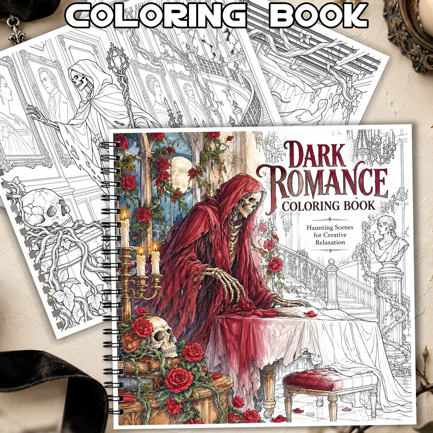 Spiral Dark Romance Coloring Book, 24 Pages Haunting Scenes for Adults & Teens, Showcasing Creativity & Relieving Stress
