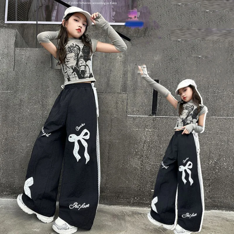 Girls Print Bow Pants Big Children Spring Fashion Lace Tousers Kids Loose Casual Pants Autumn Teenager Wide Leg Tousers 5-14Y