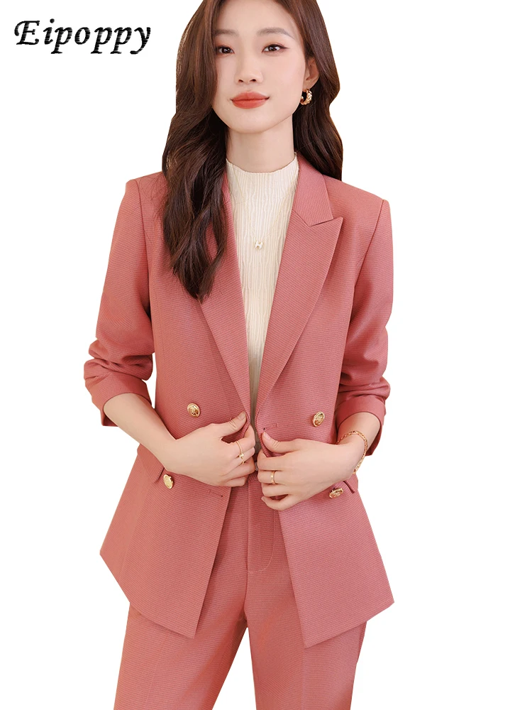 Autumn Winter Coffee Pink Black Navy Pant Suit Women Office Ladies Business Work Wear Blazer and Trouser Formal 2 Piece Set