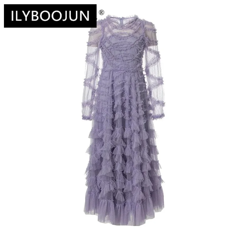 

ILYBOOJUN Summer Fashion Runway Dress Women Vintage Temperament Net Yarn Polka Dot Embroidery Ruffles Sexy Holiday Dresses