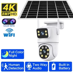 4K 8MP IP Solar Power Dual Lend WiFi Camera PTZ Outdoor IP66 Waterproof Built-in Battery Surveillance Cam PIR Human Detection