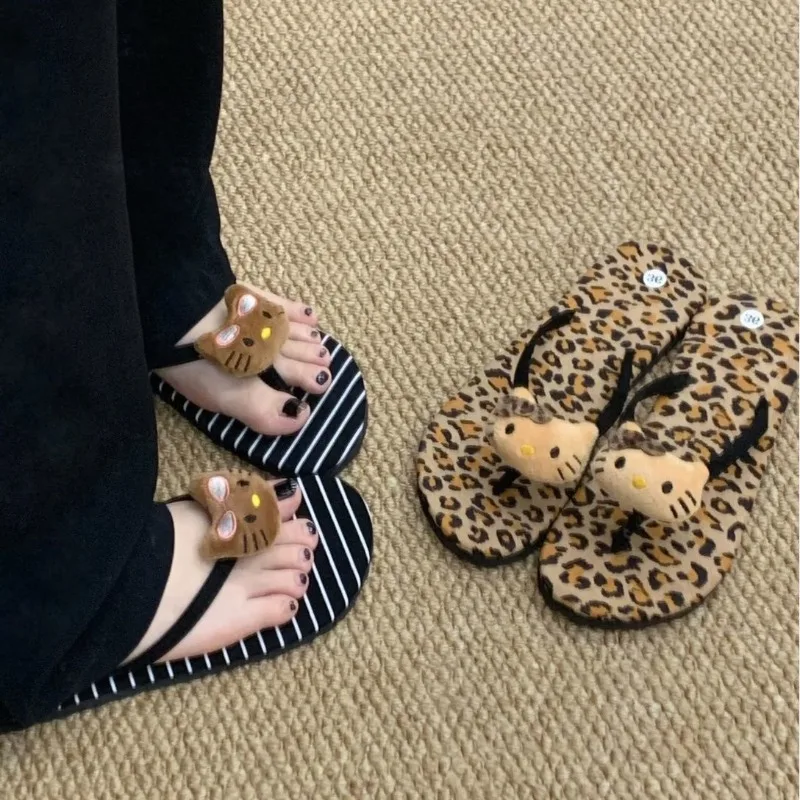 Cute Leopard Print Hello Kitty Summer Slippers Black Flip Flops Spice Light Quick Drying Beach Sandals Outdoor Household Shoes