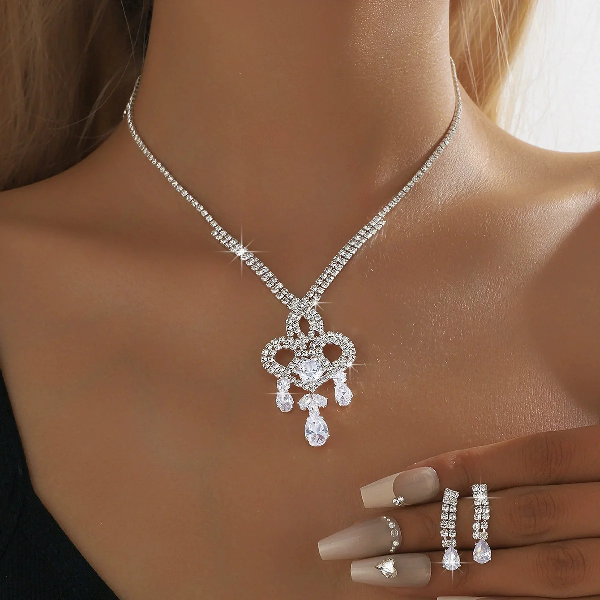 

Jewelry set - zircon necklace, earrings, accessories. Fashion clasp chain. Wedding banquet dress set. Memorial Day gift
