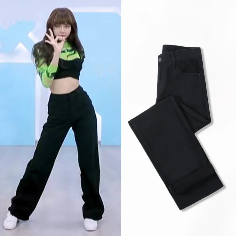 

Kpop Girl Group LISA Hight Waist Jeans Women Fashion Button Denim Pants Straight Wide Leg Loose Streetwear Summer Baggy Trousers