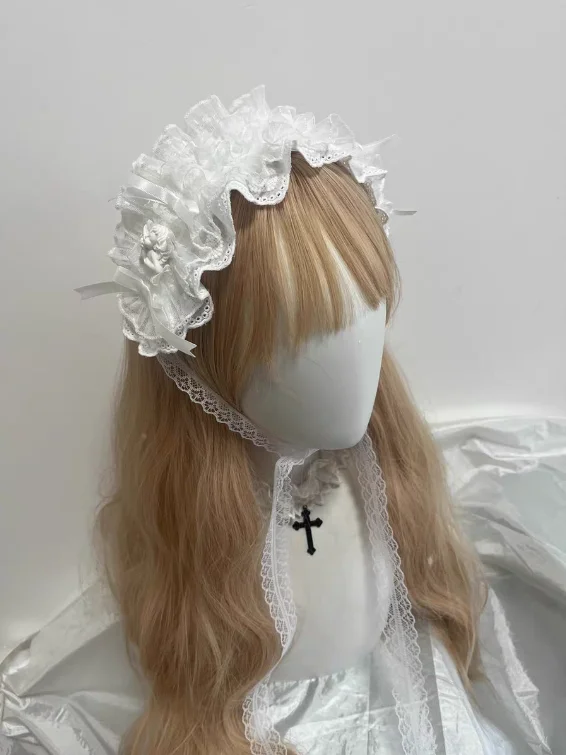 ホワイトバロックゴス天使ヘッドバンドハロウィンサブカルチャーヘアバンド女性のための甘い弓レースロリータ少女ヘアアクセサリー