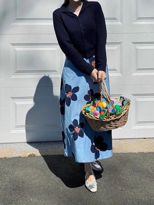 Blauwe Bloemenprint A-lijn Midi Rok Hoge Taille Drapey Zomer Herfst Nieuwe Sle Vrouwen Faion Pendelen Koreaanse Versie Rok