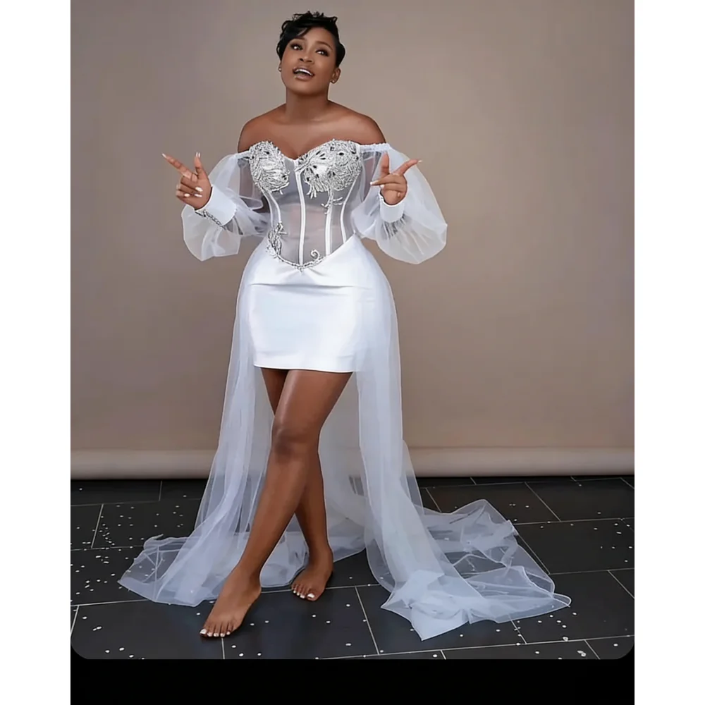 Elegant Off Shoulder Bubble Long Sleeve Evening Dress Tulle Detachable Tailored Ball Dress Shiny Embroidered Tight Party Dress