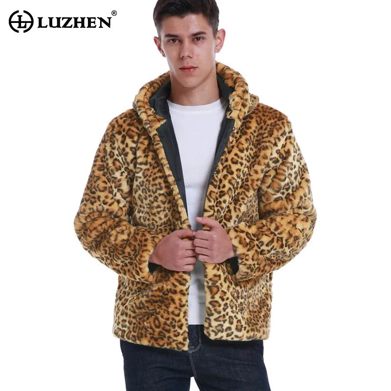 LUZHEN Leopard Pattern Men's Hooded Coat Faux Fur Long Sleeve Plush Thickened New In 2024 Casual Handsome Slim Jackets LZ8125