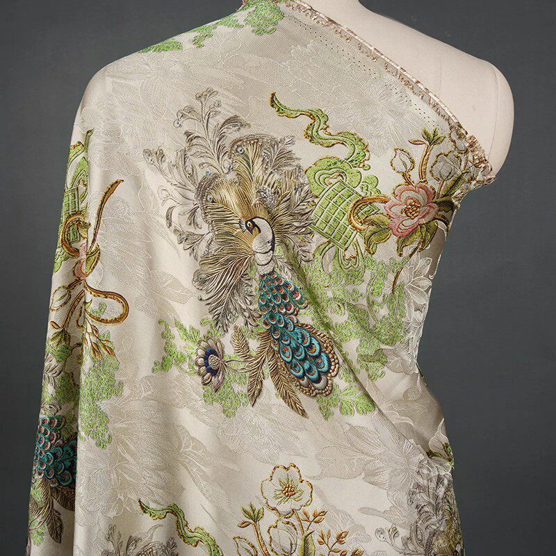 

50X145Cm Chinese Peacock Floral Jacquard Fabric Lightweight Hanfu Trim Material for Qipao Sleeves Collars Sewing Per Piece