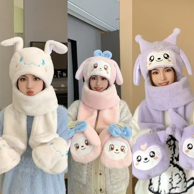 cute-kuromi-three-piece-hat-set-cartoon-parent-child-melody-fashion-scarf-glove-one-piece-hat-3-in-1