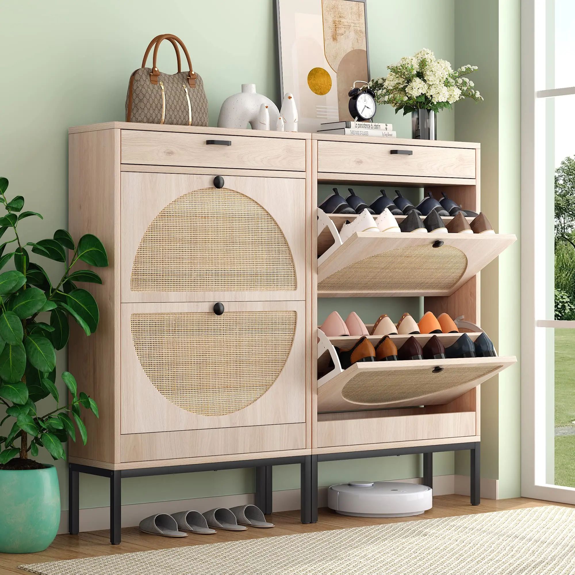 Shoe Rack Storage Organizer with 2 Natural Semi-Circular Rattan Doors, Large Entryway Wooden Shoe Cabinet for Sneakers