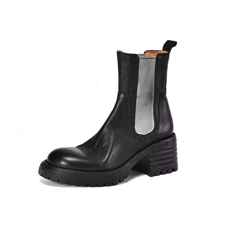 

Black Genuine Leather Retro Square Toe Woman Ankle Boots Autumn Winter High Ankle Shoes Slip on 7cm Chunky Heels Chelsea Boots