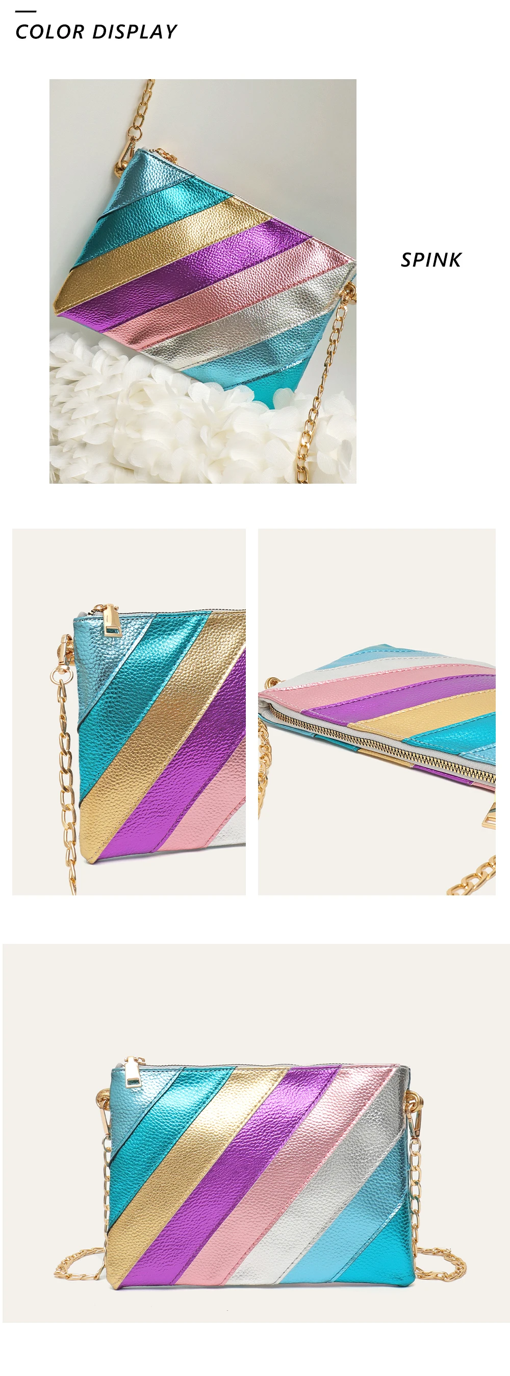 Luxus funky Metallic Farbe Streifen Pu Leder Handtasche Damen quadratische Clutch Metall kette Cross Body Geldbörse Mode Y2k Party Abschluss ball – Detail 5