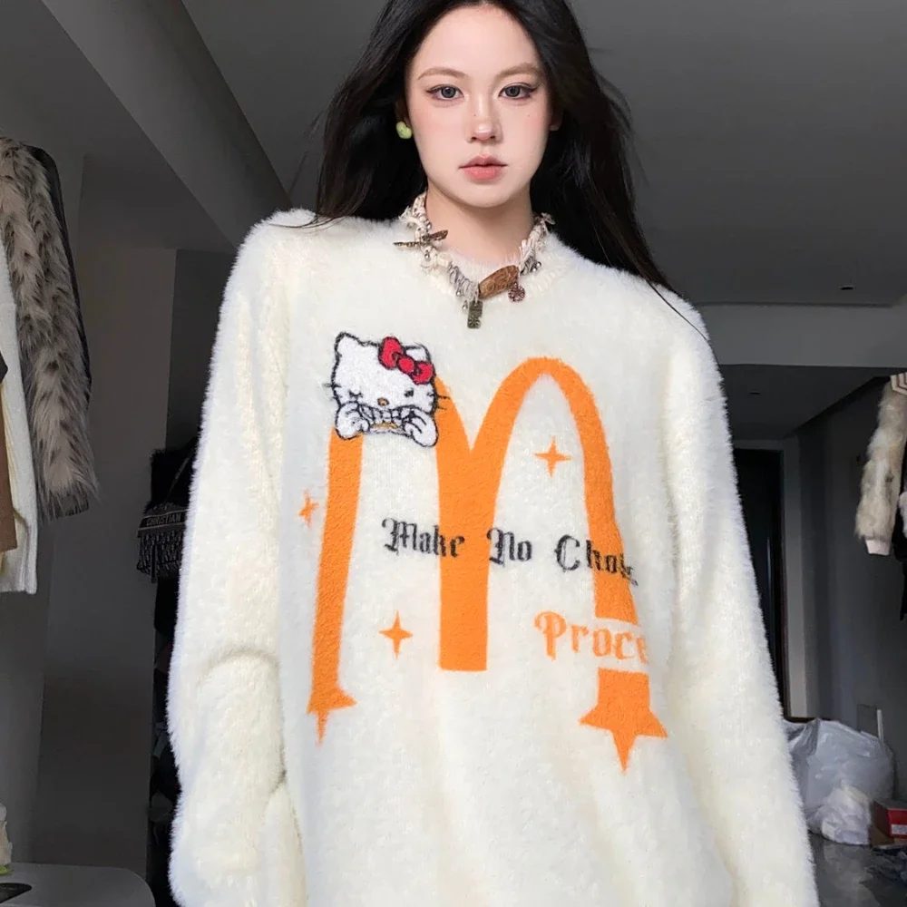 

Miniso Hello Kitty Sweater Cute Jacquard Bow Long Sleeved Autumn Winter New Loose Sweet Cool Sexy Pullover Knit Sweater