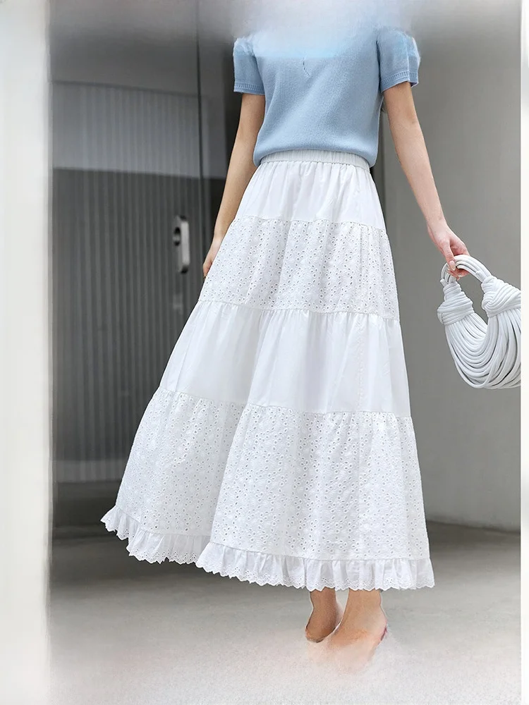 

Lace Trim Ruffle Hem f Skirt Women's Loose Umbrella Skirt Spring Autumn New Sle Viscose Fiber Cotton Casual A-Line Skirt