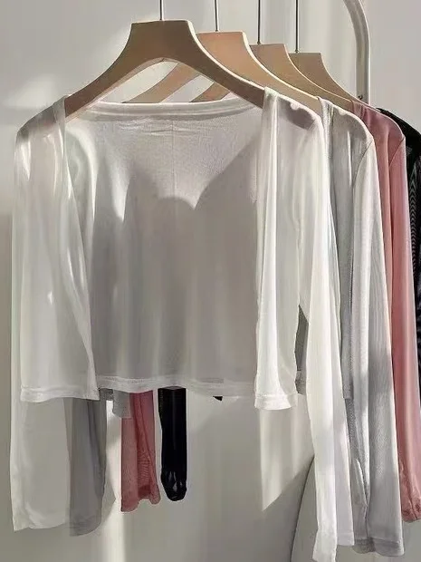 Summer Lightweight Long Sleeve Sun Protection Cardigan Women's Mesh Shoulder Open Cardigan with Strap Vest Top Short Outerwear