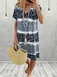 Damska sukienka w rozmiarze 1xL-8XL Plus Size Fashion Casual Dress Sukienka z krótkim rękawem Tie Dye Leopard Krótki rękaw V Neck Lekko rozciągliwa sukienka