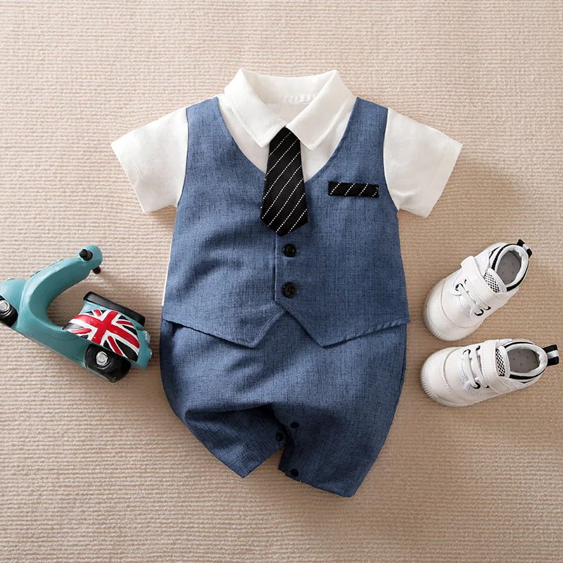 Newborn Baby Boy Romper summer short sleeve One-piece denim vest gentleman's bow tie Jumpsuit high quality For Toddler Outfits