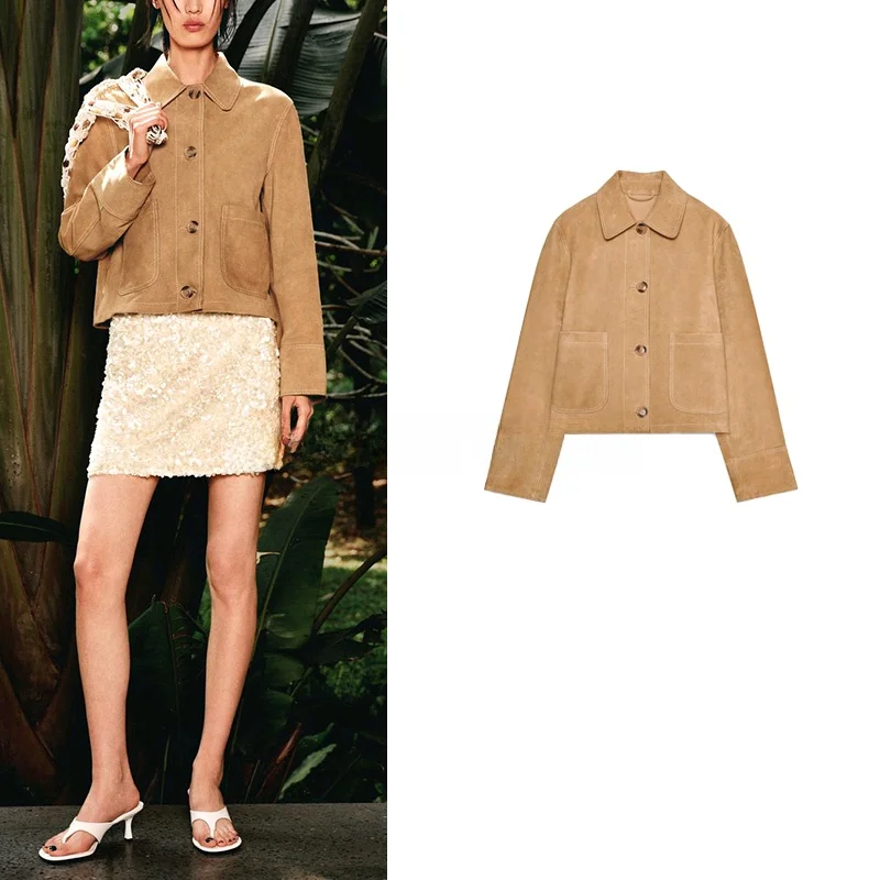 Spring Women's Long Sve Lapel Leather Jaet Faux Fur Surface Quali Single Button ket Decorated Commute Sle Loose Fit