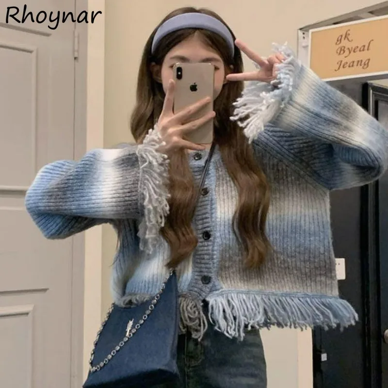 

Knitting tie-dye Tassel Cardigans Women Fashion All-match Korean Style Vintage Leisure Slim O-neck Streetwear Elegant Sweet