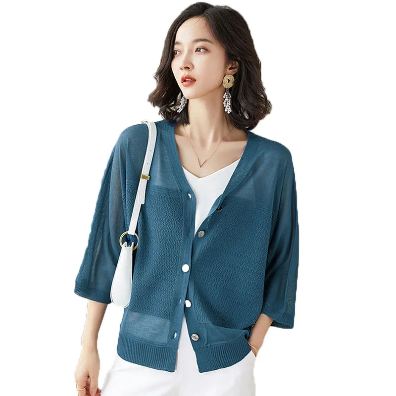 Women Summer Oversize Knitted Cardigans Outwear Loose Casual Ice Silk Cool Knitting Outwear Sun Protection Knitwear Female