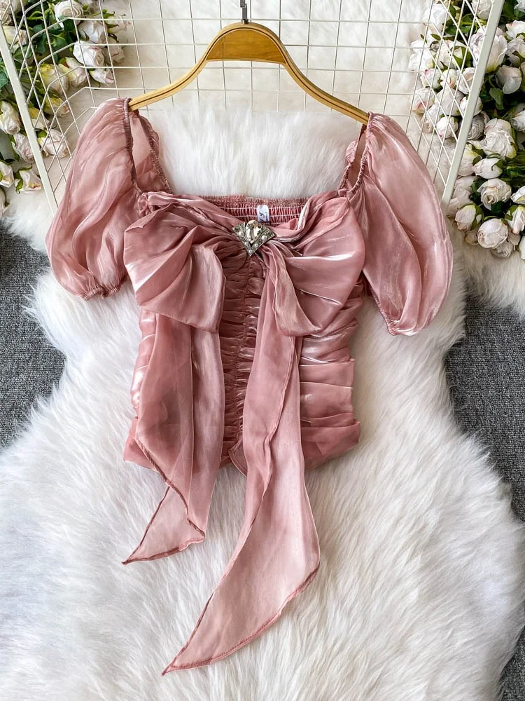 

2025 New Design Knot Square Collar Bubble Sve Slim Fit iny Women's irt ort Sve Commute Korean Sle