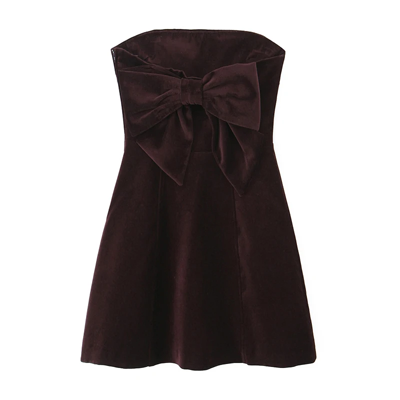 YENKYE Sexy Elegant Women Burgundy Velvet Bow Strapless Dress Christmas Party Mini Vestidos