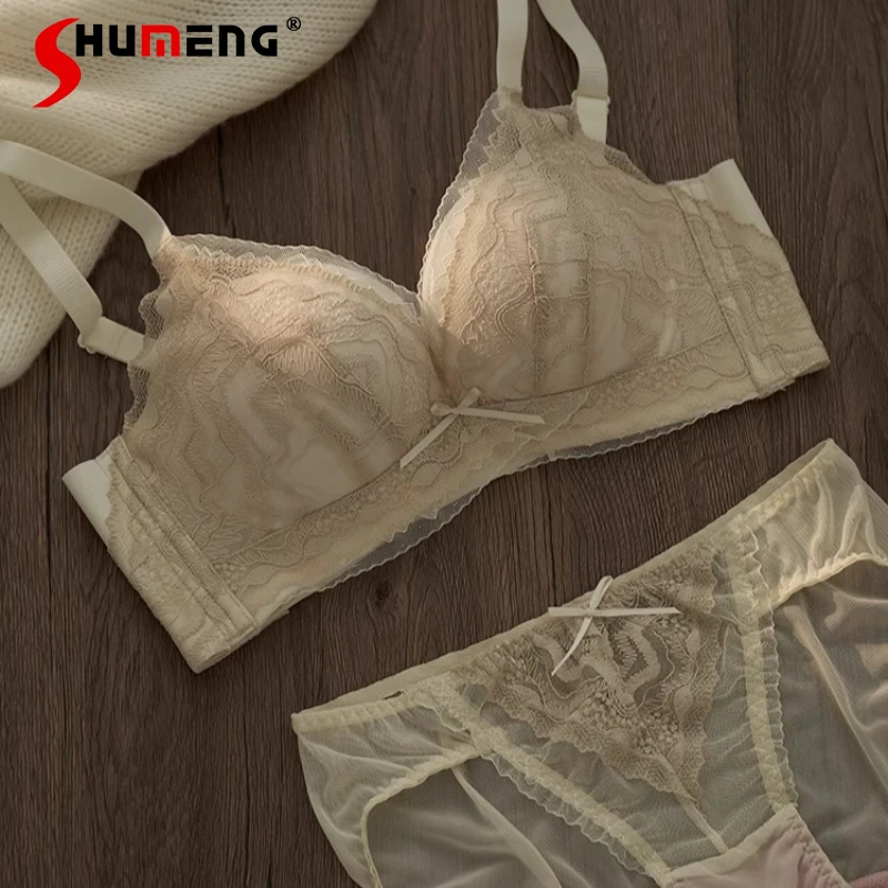 

Women's Push Up Small Chest Underwear Adjustment Wireless Enhancing Bra Set Female Japanese Style Sweet Lace Brief Suits