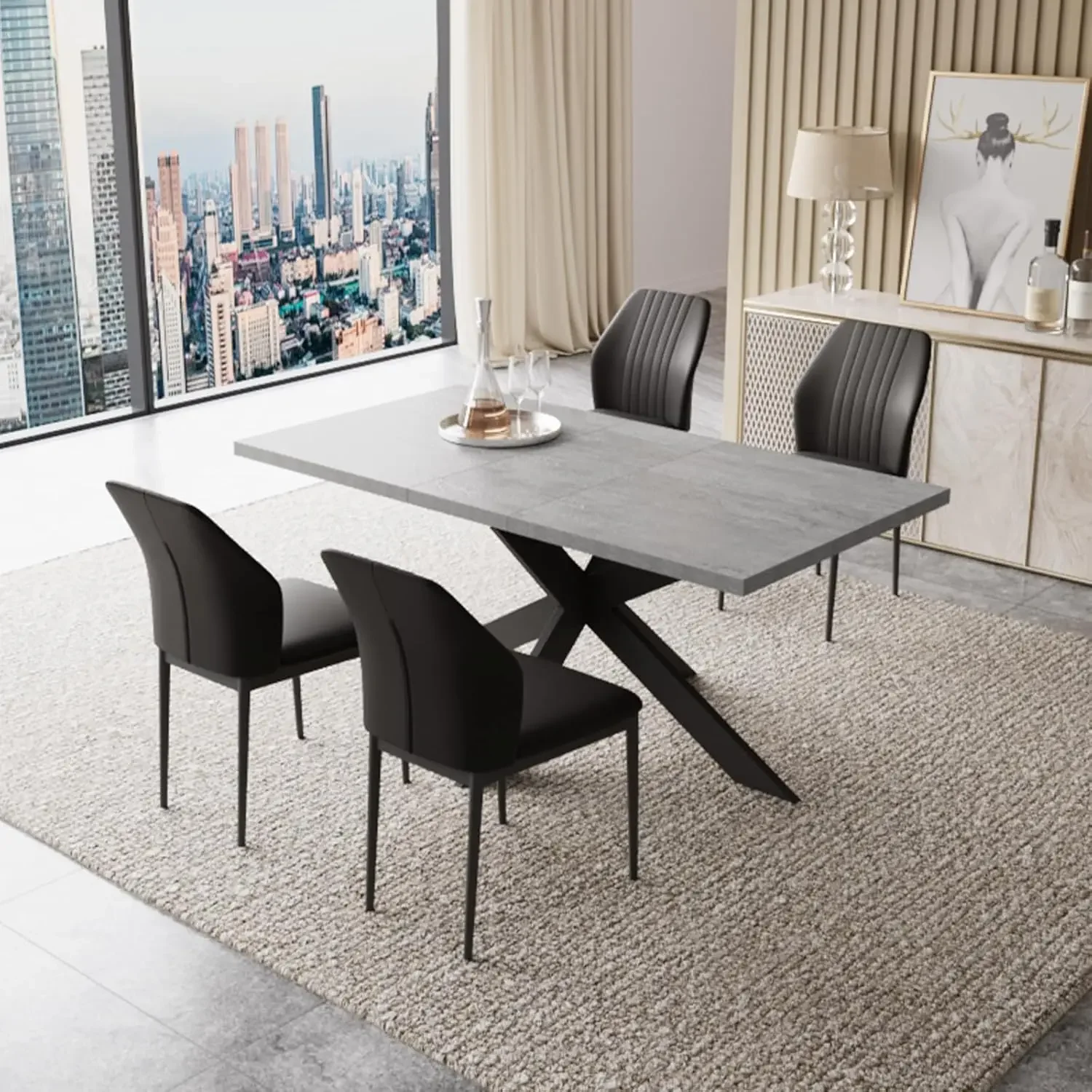 Expandable Dining Table for 6-8, Space-Saving Metal Frame Farmhouse Rectangular Table for Kitchen and Home Office.