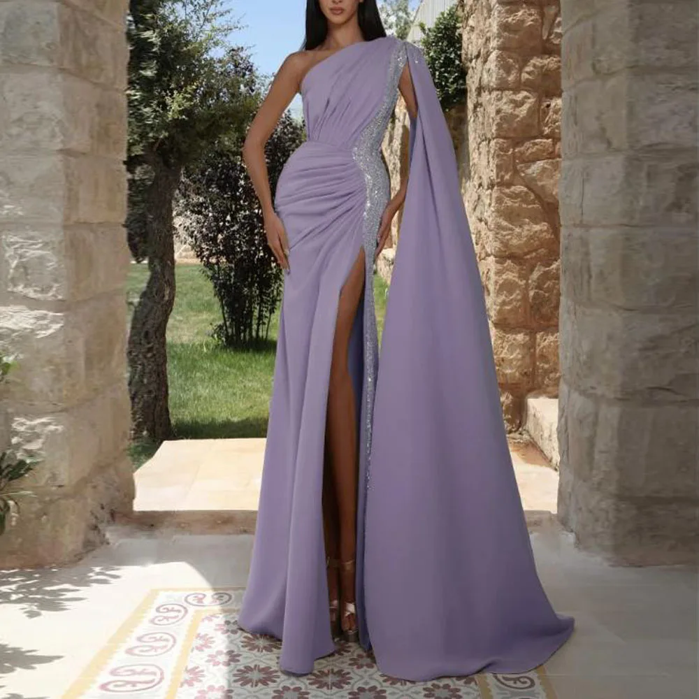 

Customized One Shoulder Evening Dresses 2025 Side Split With Sequin Birthday Party Gown for Women Satin Dress with Shawl