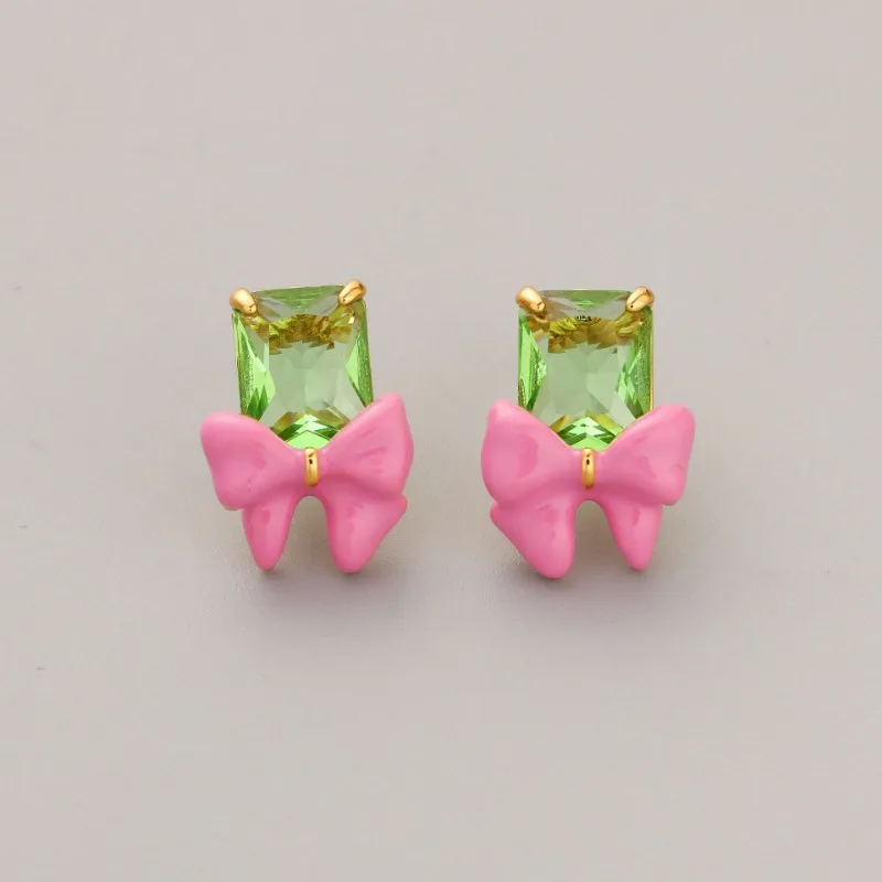 

New Arrival Pink Bow Shape Sweet Enamel Glaze Grass Green Square Cubic Zircon Glass High-end Sense Stud Earrings Valentines Gift