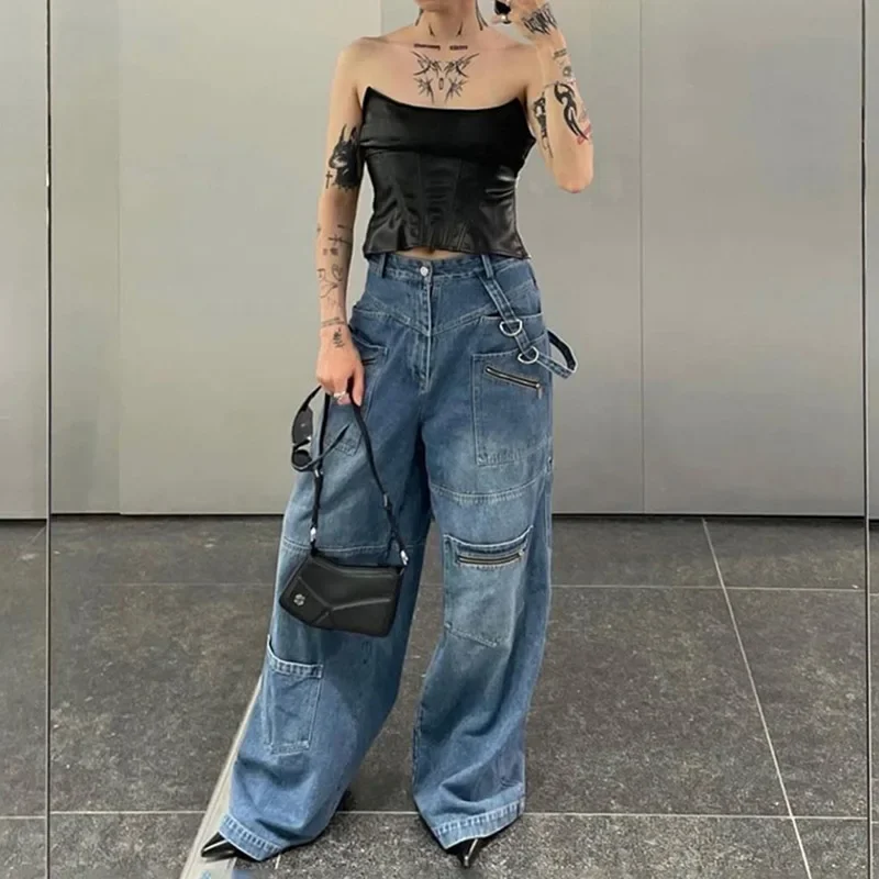 

Wide Leg Full Length Pants Jeans Women Spliced Denim Washed Vintage Loose Fit Solid Pockets High Waist Moto Biker 2024 Summer